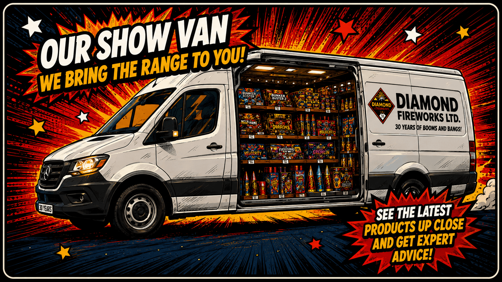 Diamond Fireworks show van open with trade products